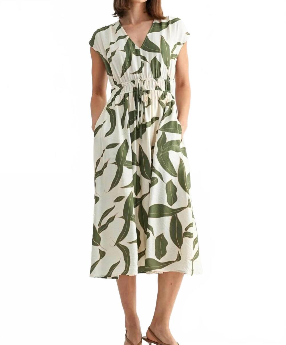 NEW KLD lily leaf midi dress in cream base with olive green